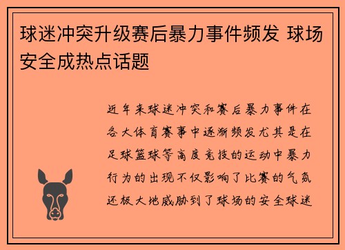 球迷冲突升级赛后暴力事件频发 球场安全成热点话题